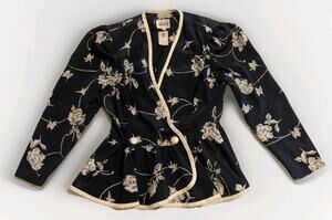 Vintage Leslie Fay Collections Jacket Womens 6 Navy Floral Pearl Button Made USA